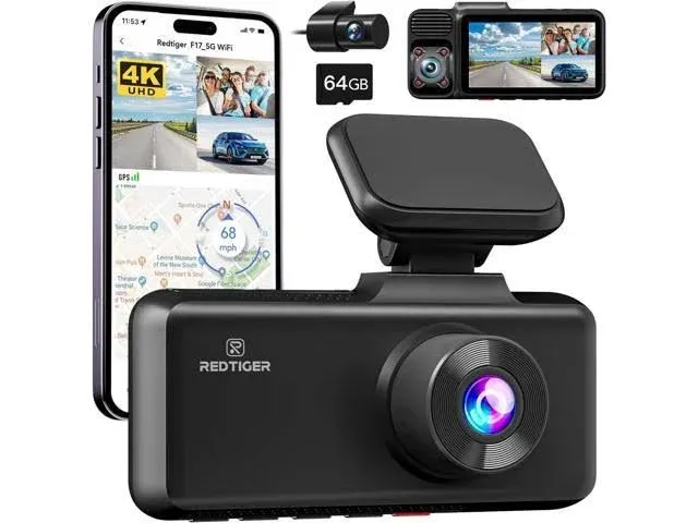 REDTIGER 4K 5G WiFi 3 Channel Dash Cam Front and Rear Inside Free 64GB SD Card