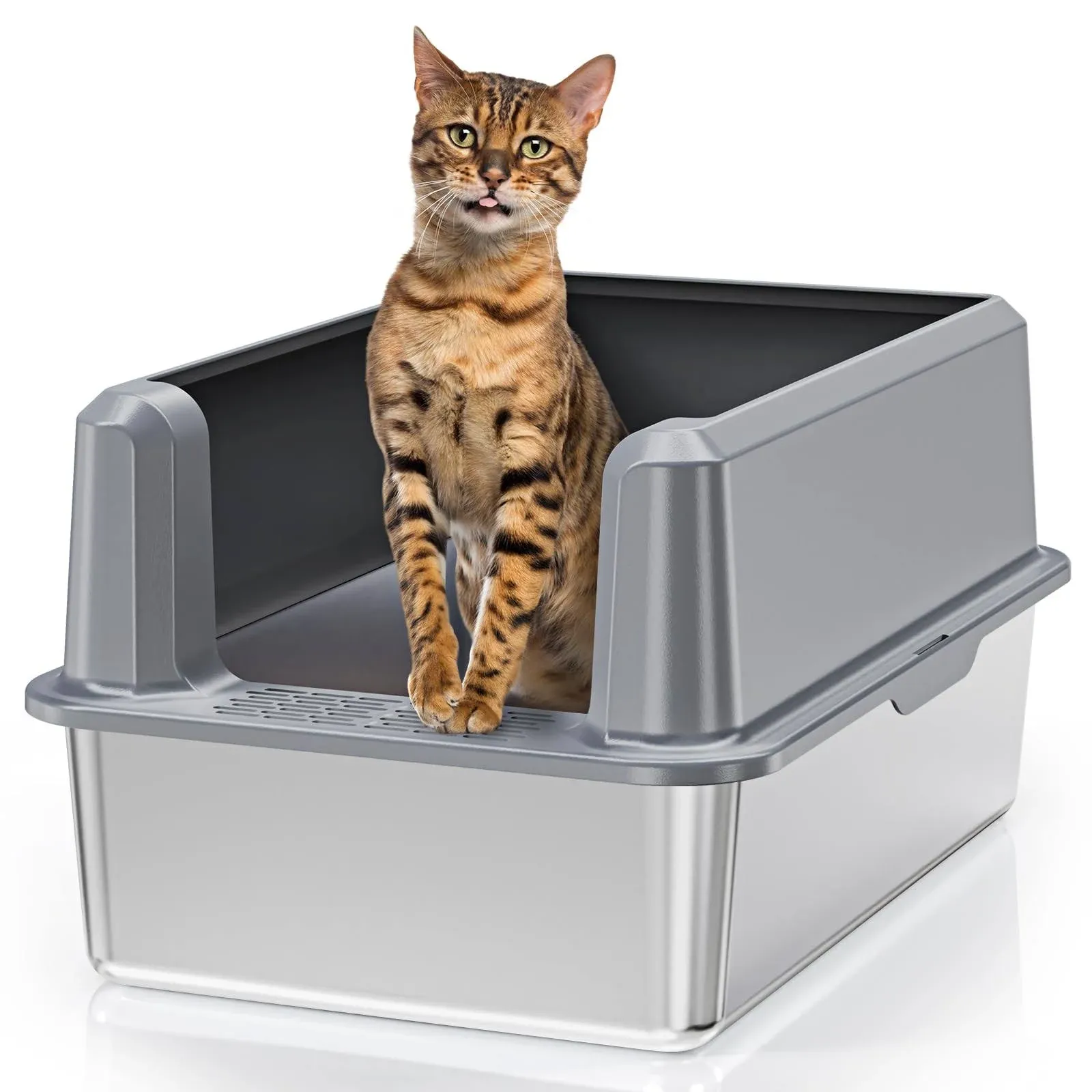 Enclosed Stainless Steel Cat Litter Box with Lid, Odorless XL Metal Litter Bo...