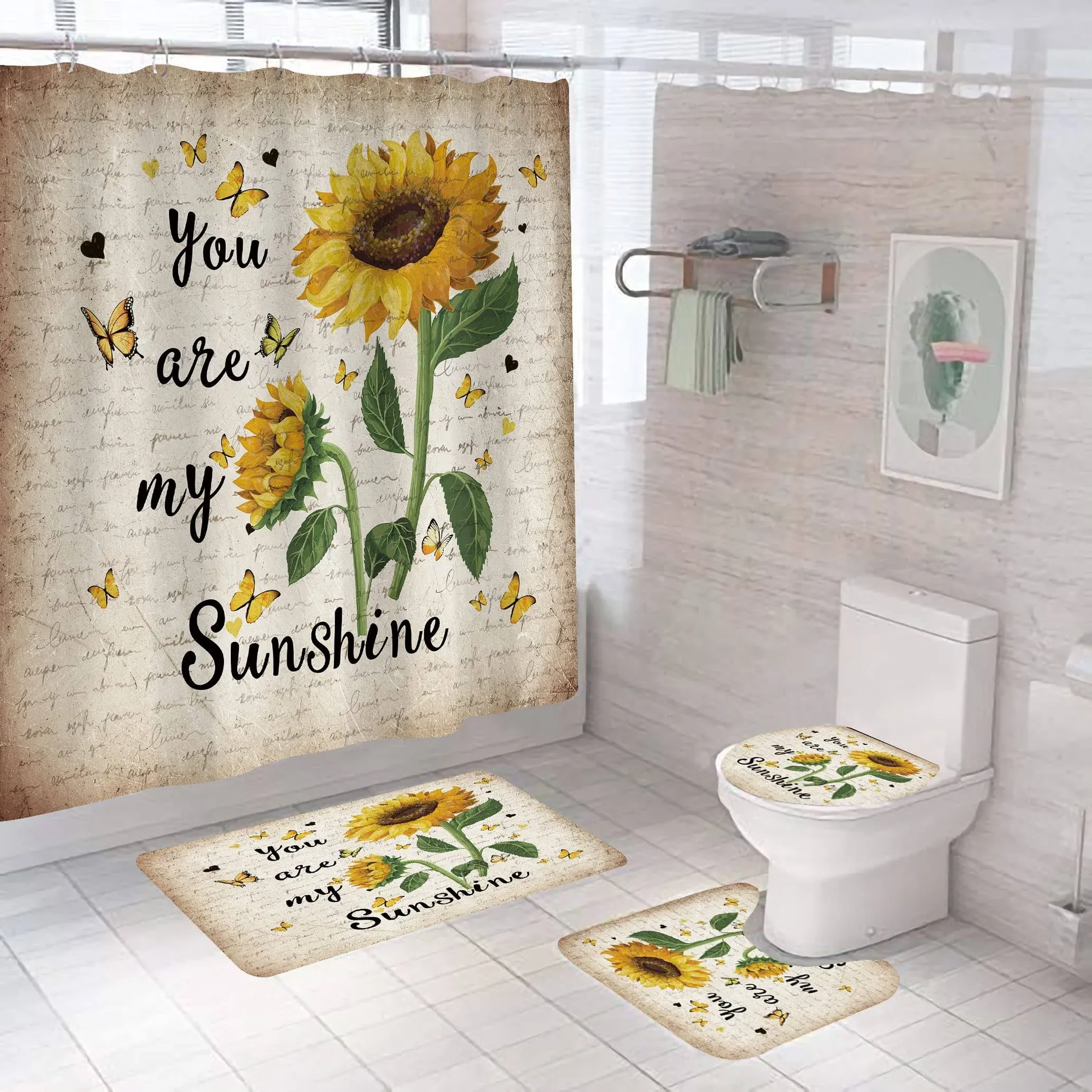 CILPIR Sunflower Shower Curtain Sets with Rugs 4PCS, You Butterfly 