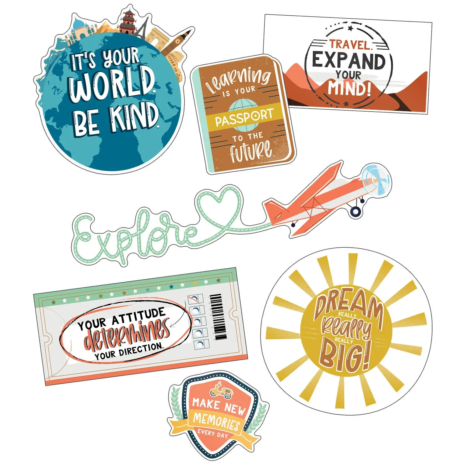 Carson Dellosa Let's Explore 16-Piece Inspirational Bulletin Board Cutouts, Motivational Wall Decor, Travel Theme Classroom Decorations, World Travel Wall Decor, Bulletin Board Set