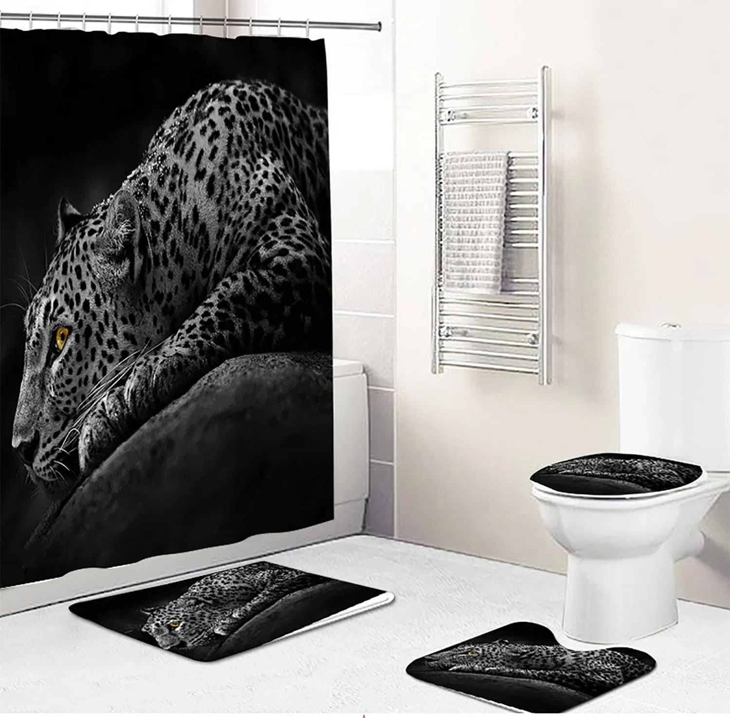 4 Pcs Leopard Shower Curtain Set with Non-Slip Rugs Toilet Lid Cover and Bath...