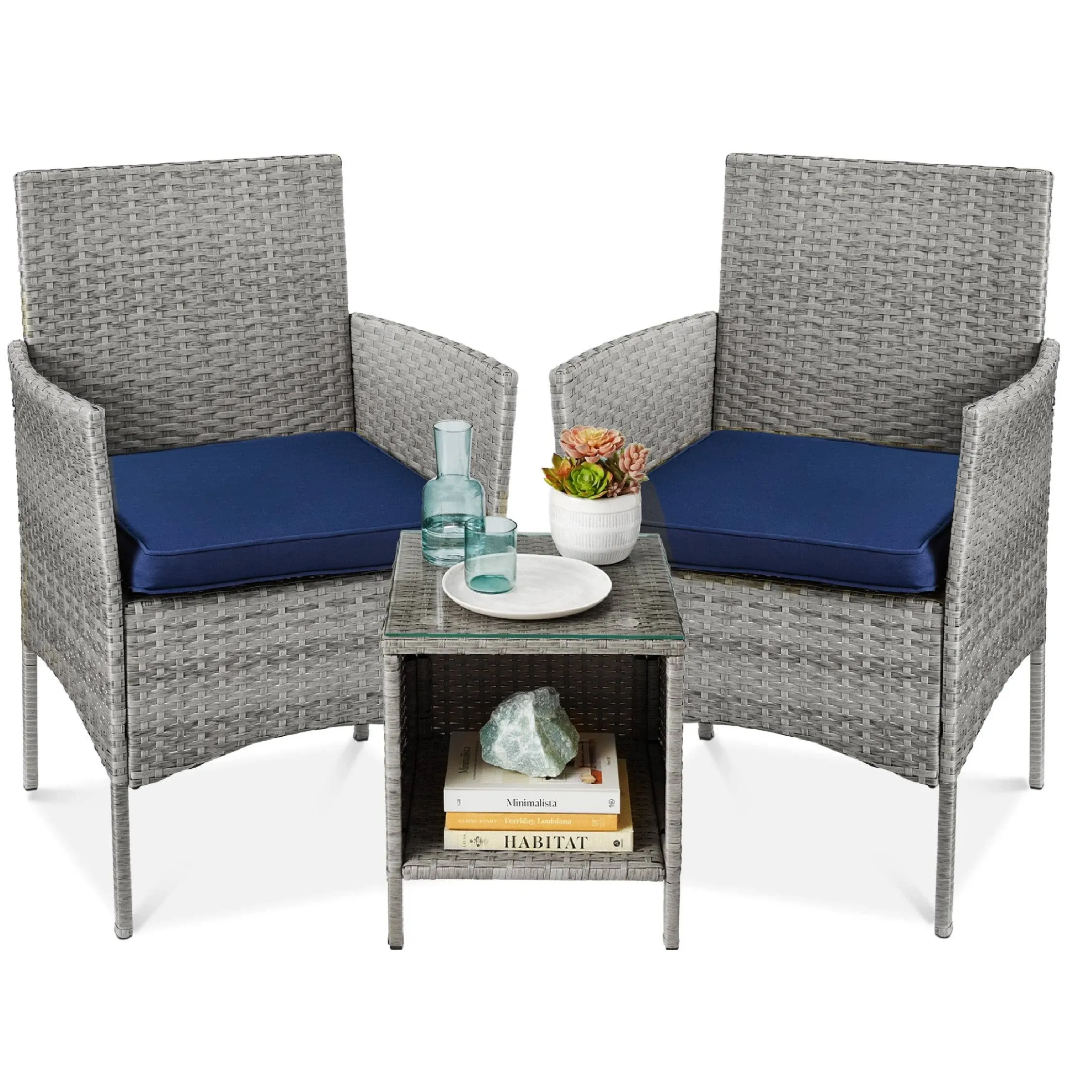 Best Choice Products 3-Piece Outdoor Wicker Conversation Patio Bistro Set, w/ 2 Chairs, Table - Gray/Navy