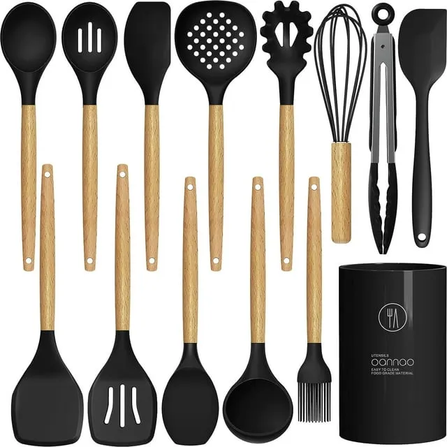 oannao Silicone Cooking Utensils Kitchen Utensil Set - 446°F Heat Resistant,Turner Tongs,Spatula,Spoon,Brush,Whisk. Wooden Handles Teal Kitchen Gadgets Tools Set for Non-Stick Cookware (BPA Free)