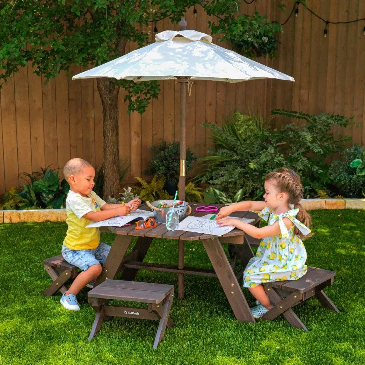 Octagon Table, Stools & Umbrella Set - Bear Brown & Beige