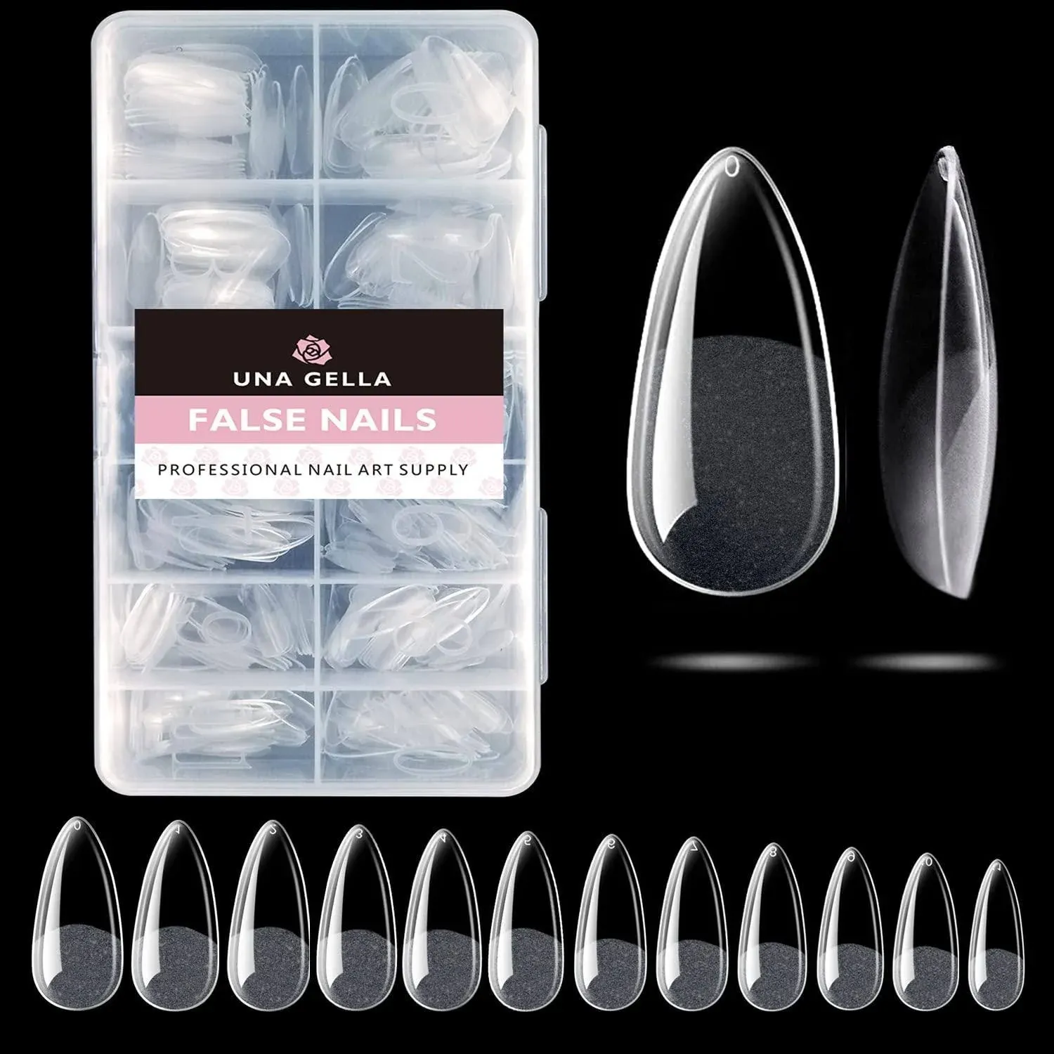 UNA GELLA Almond Gel x Nail Tips, 504PCS Pre Etched Clear Fake Nails Tips Medium Almond Shape - 12 Sizes Full Cover Soft Acrylic Press On Nail Extensions No C Curve Gift for Diy at Home