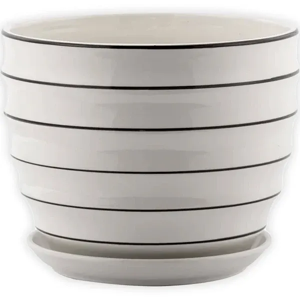 Ribbed White 8 x 8 Ceramic Standing Container Garden Planter Pot Saucer