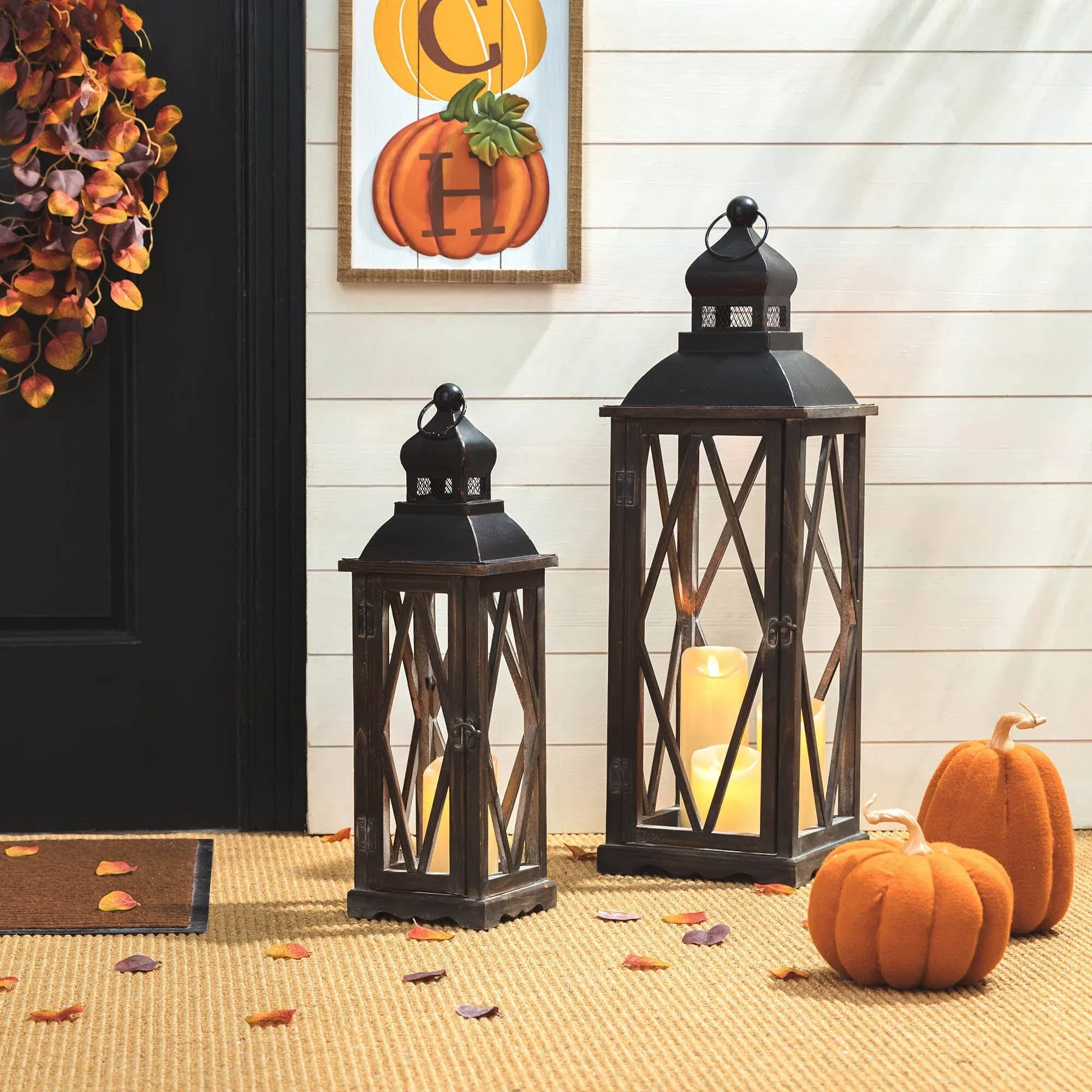 Glitzhome Farmhouse Wooden Lanterns Set of 2