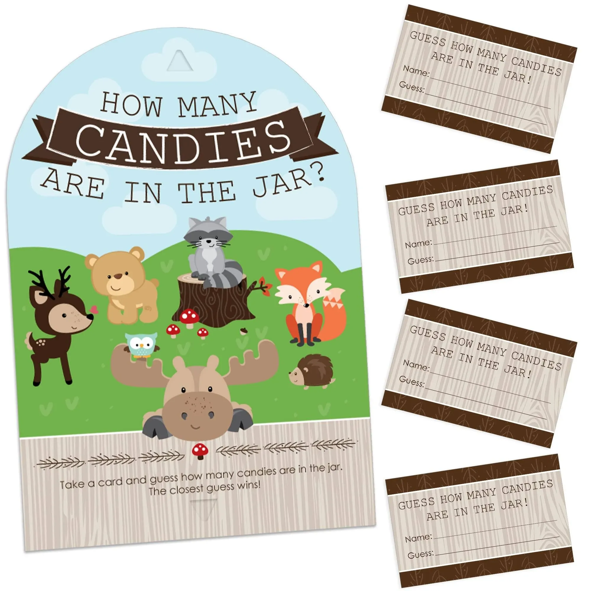 Woodland Creatures - How Many Candies Baby Shower or Birthday Party Game - 1 Stand and 40 Cards - Candy Guessing Game