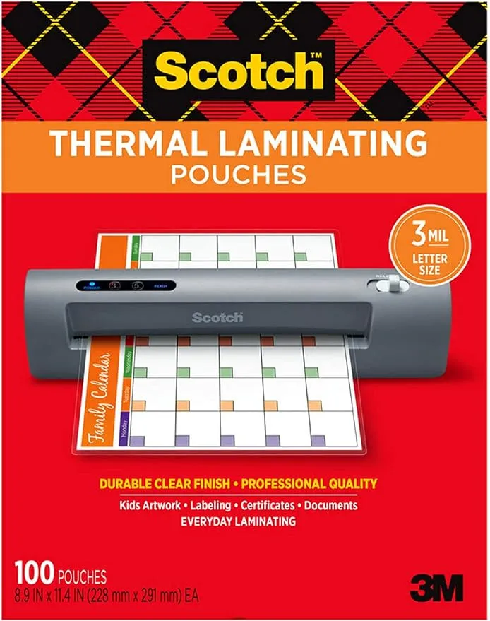 Scotch Thermal Laminating Pouches, Letter size, 3 mil, 100/Pack (tp3854-100)