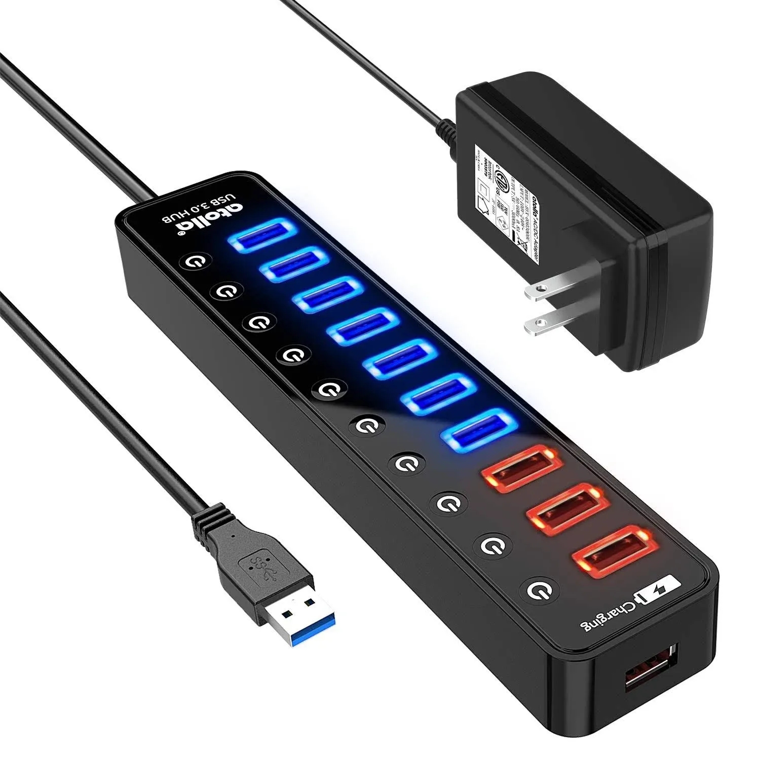 Powered USB 3.0 Hub, Atolla USB 3.0 Data Hub 11 Ports - 7 USB 3.0 Data Ports + 4 Smart Charging Port with Individual On/Off Switches and 12V/4A Power Adapter USB Hub 3.0 Splitter