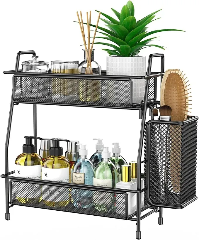 2 Tier Bathroom Countertop Organizer With Brush Holder, Bathroom Organizers and Storage,Countertop Medicine Cabinet(Black)