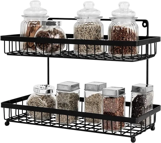 MyGift 2 Tier Metal Wire Wall Mountable Spice Rack, Black