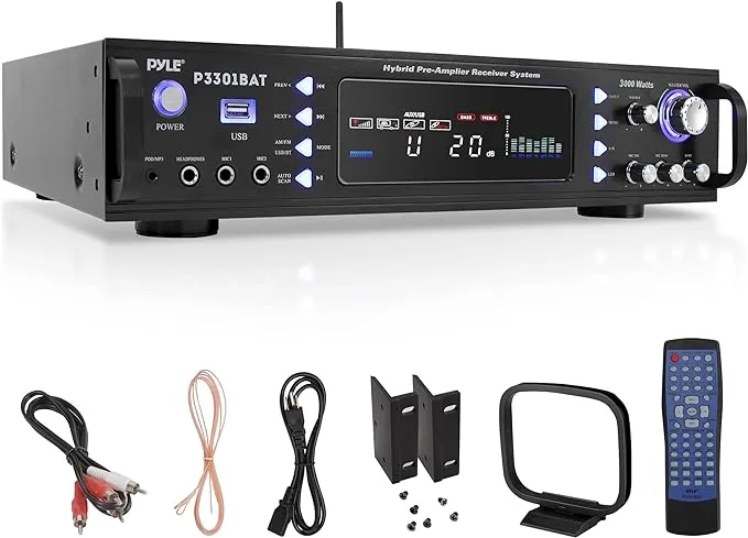 Pyle Wireless Bluetooth Home Stereo Amplifier - Hybrid Multi-Channel 3000 Watt Power Amplifier Home Audio Receiver System w/AM/FM Radio, MP3/USB,AUX,RCA Karaoke Mic in - Rack Mount, Remote-P3301BAT.5