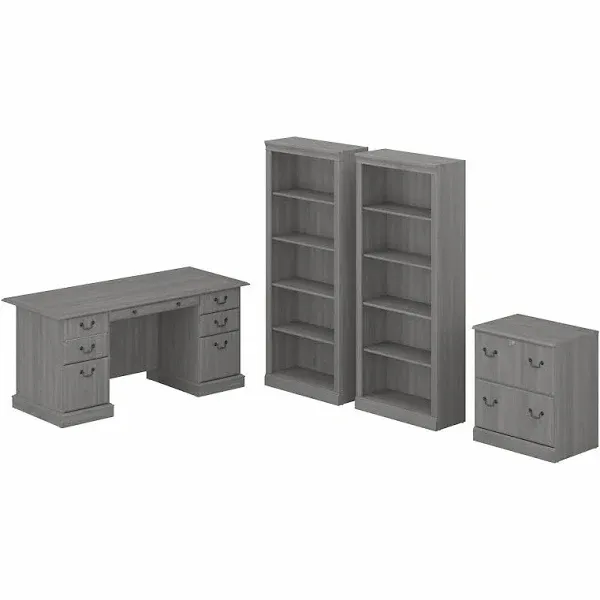 Bush Furniture Saratoga Executive Desk with File Cabinet and Bookcase Set Modern Gray