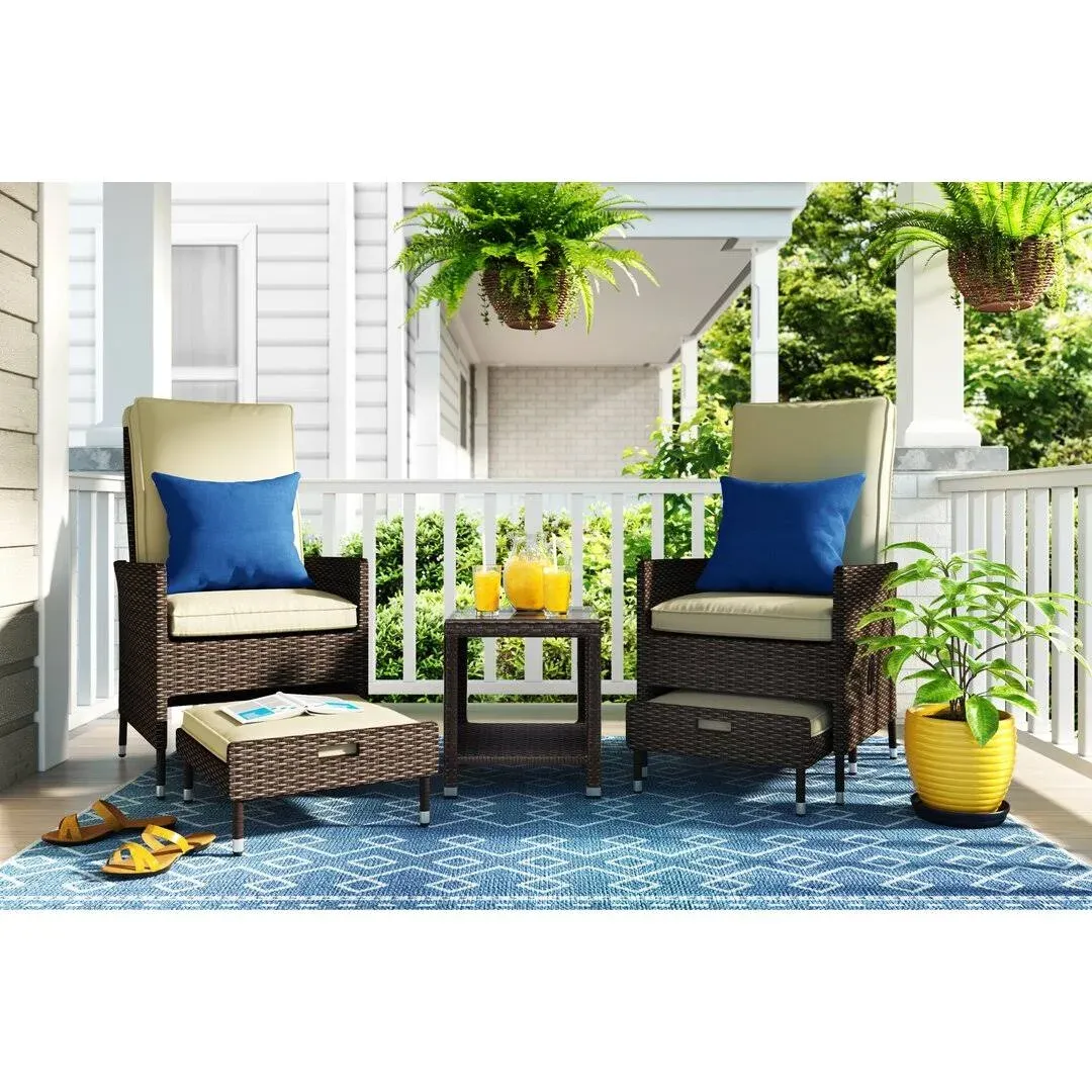 Serta Brown Resin Wicker Outdoor Patio Furniture Collection, 5 Piece Reclining Set, Beige