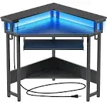 Rolanstar Corner Desk, 44.5" W x 34.5" H Small Computer Desk with Power Outlets, Gaming Desk with LED Lights, Triangle Corner Desk with Keyboard