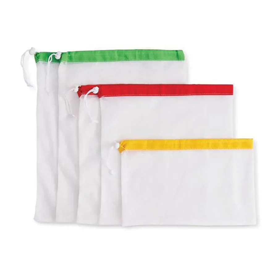 HIC Produce Bags, set of (5) bags (1) small (8in. x 12in.), (2) medium (13in.W x 12in.H), (2) large (16-1/4in.W x 12in.H), (1) 8in. x 8in. storage bag, color banded, polyester (boxed)