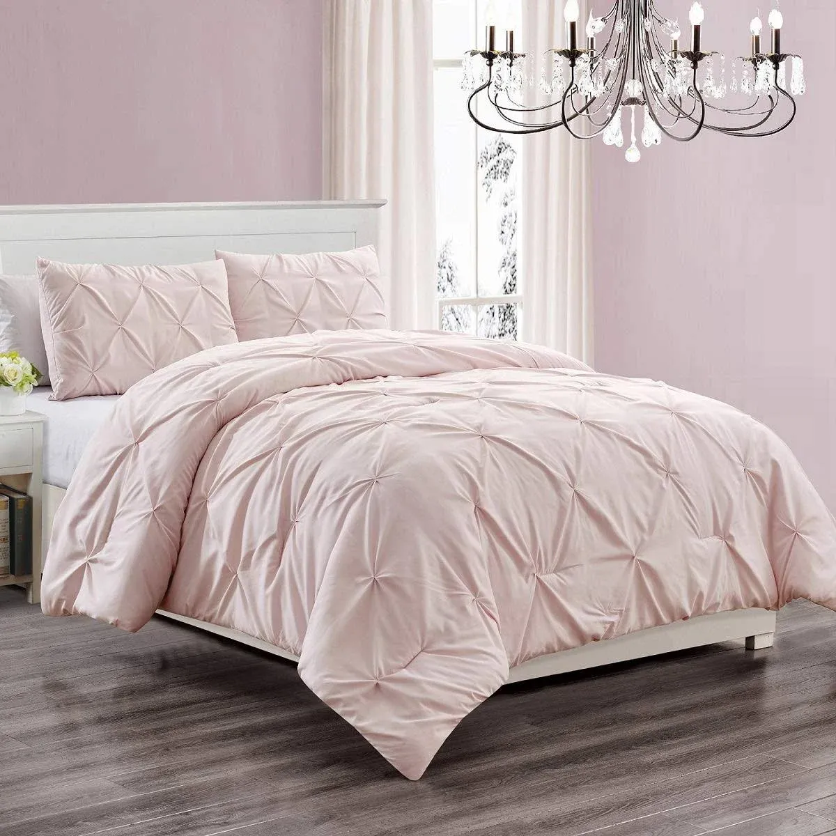 WPM WORLD PRODUCTS MART 2 Piece Microfiber Twin Size Comforter Set Pinch Pleat Pintuck Down Alternative Bedding - All Season Rose Blush Pink Bedroom Decor- JN1 (Twin)