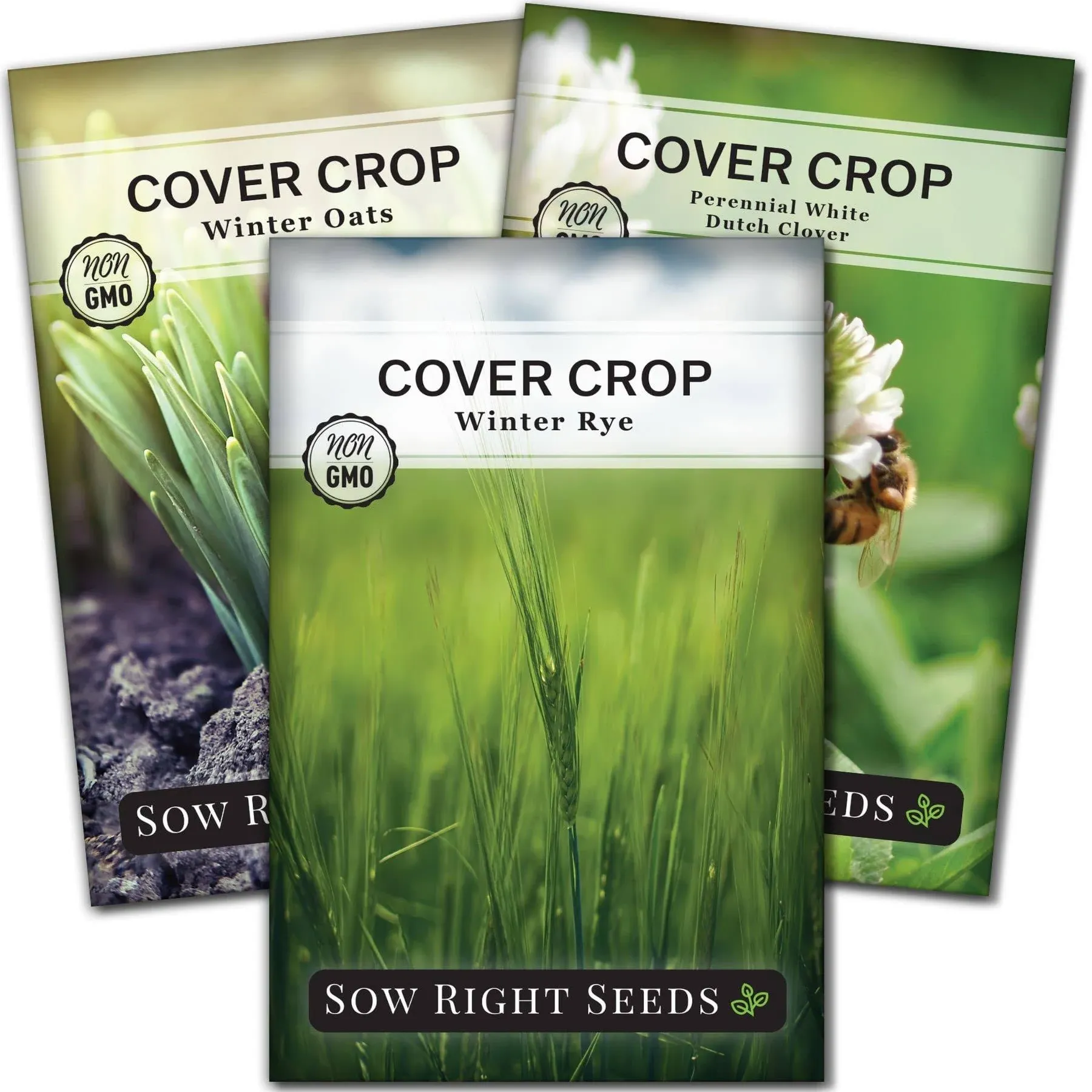 Sow Right Seeds - Cover Crop Collection for Planting - Winter Rye, Dutch White Clover and Winter Oats Seed - Suppresses Weeds, Improves Soil - Non-GMO Heirloom Packet to Plant and Grow