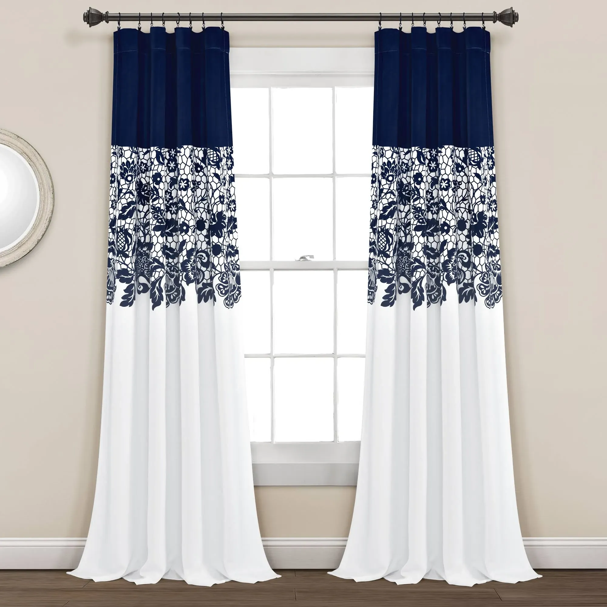 LUSH DÉCOR Estate Garden Print Curtains Light Filtering Window Panel Set for Living, Dining, Bedroom (Pair), 84 in x 52 in, Blue