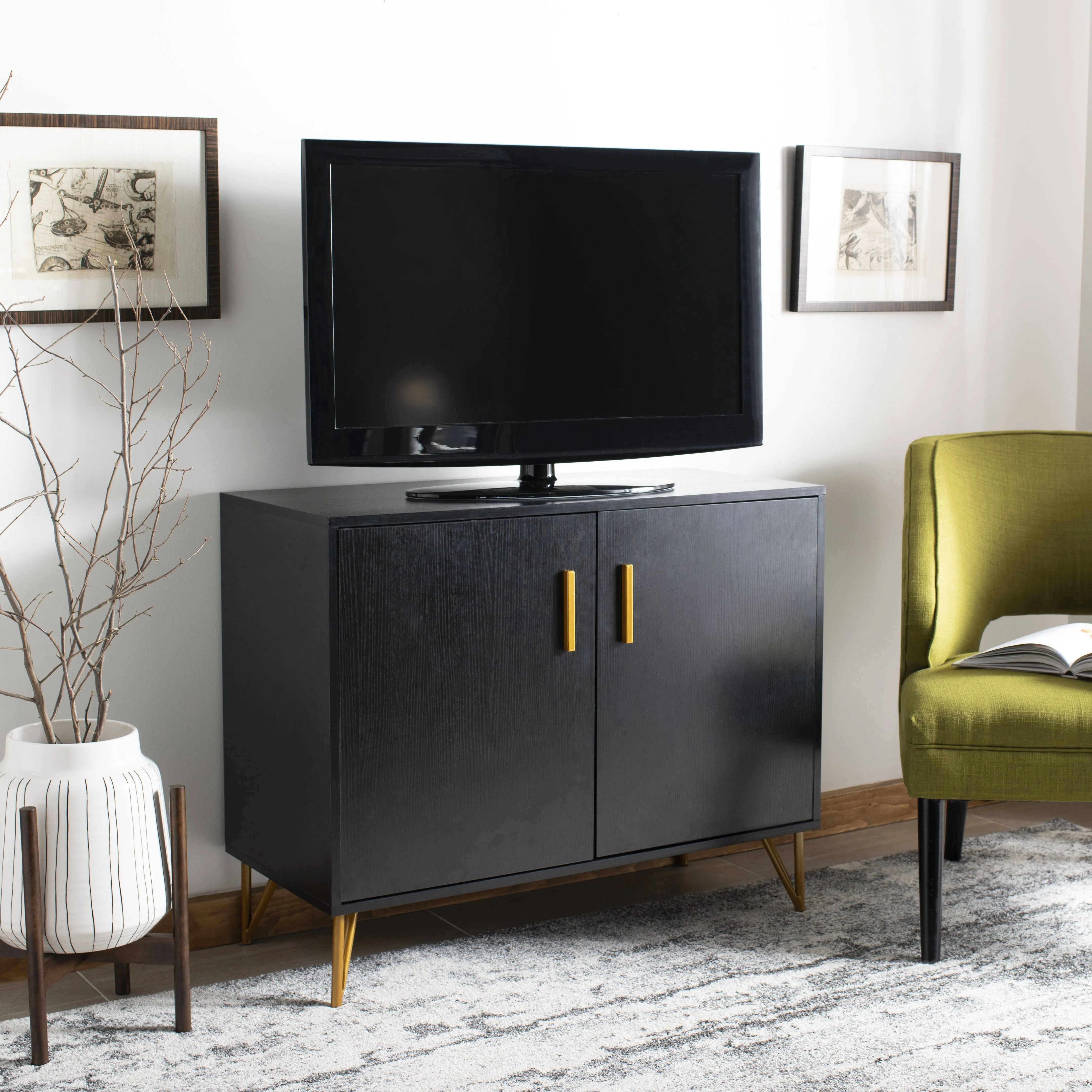 Safavieh Pine 2 Door Modular TV Unit - Black / Gold