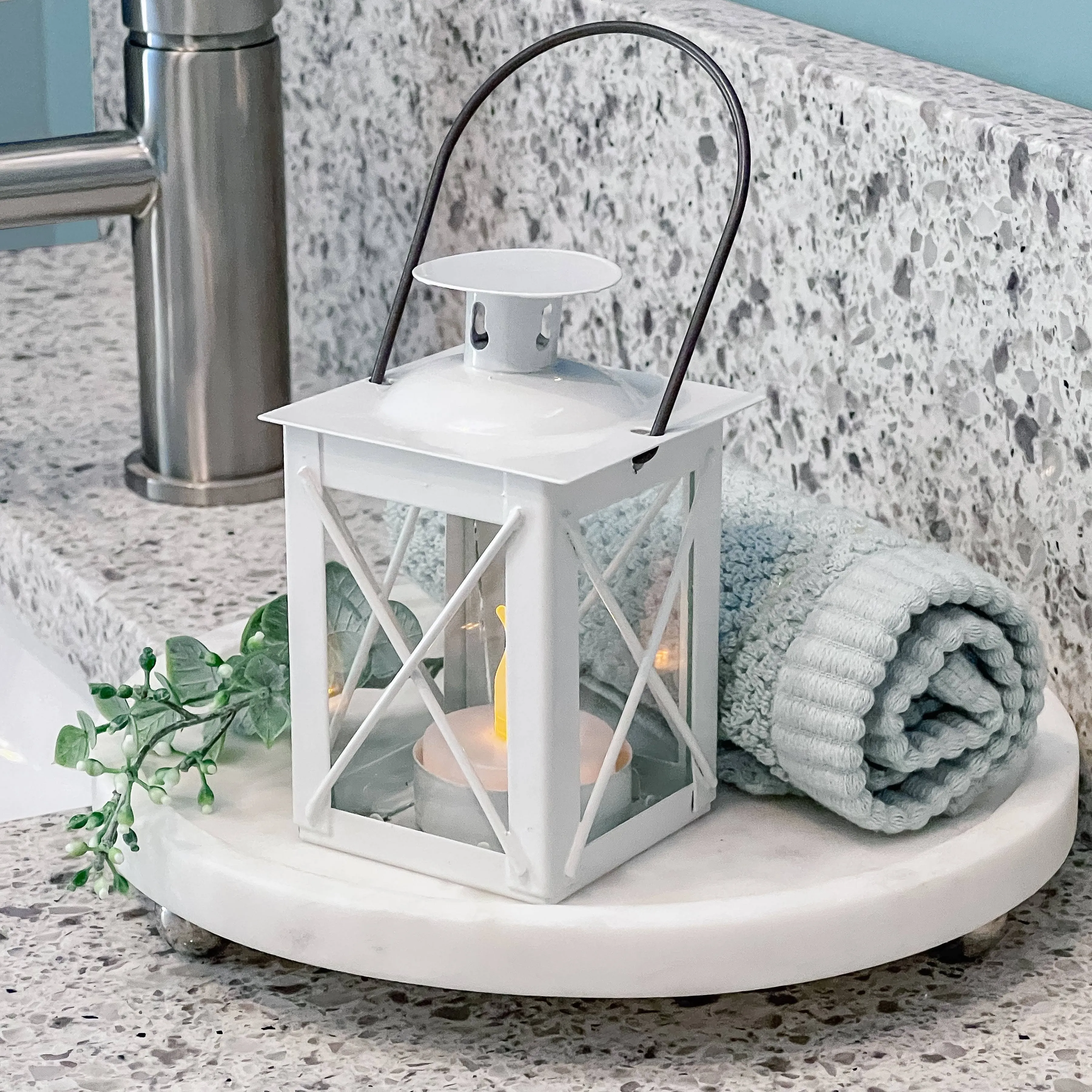 Kate Aspen Luminous Distressed White Mini-Lantern Tea Light Holder