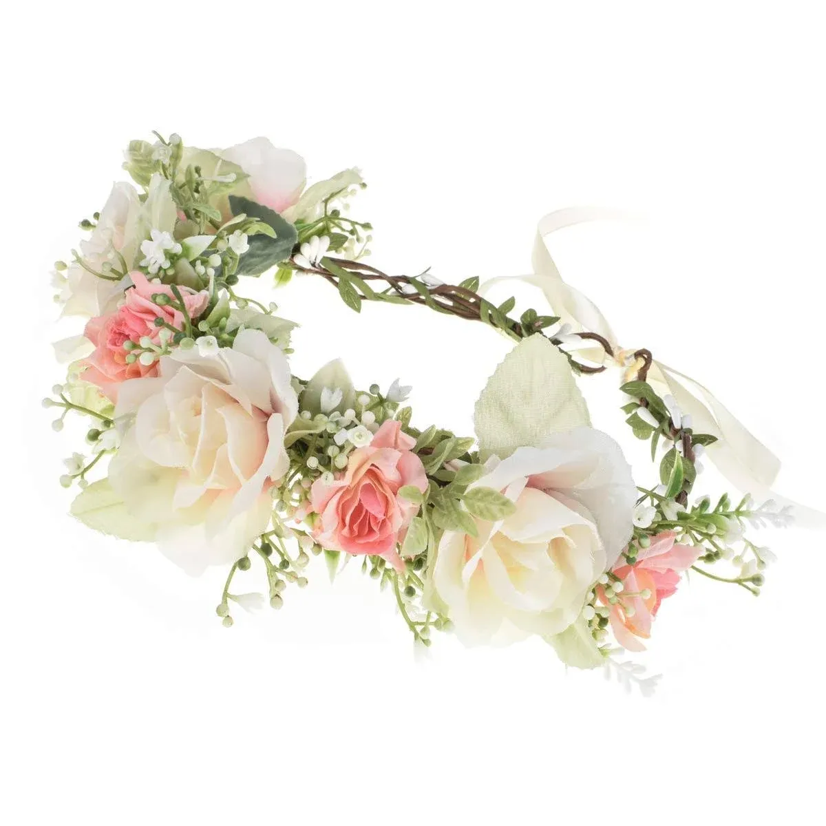 Bridal Flower Crown Hair Wreath Leave Flower Headdress Women Floral Garland Headpiece Wedding Festival Party (Beige)