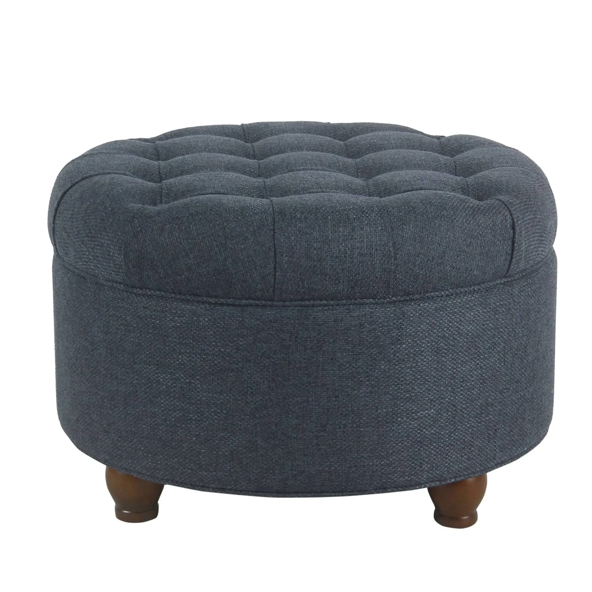 Fabric Upholstered Wooden Ottoman With Tufted Lift Off Lid Storage, Navy Blue By Benzara