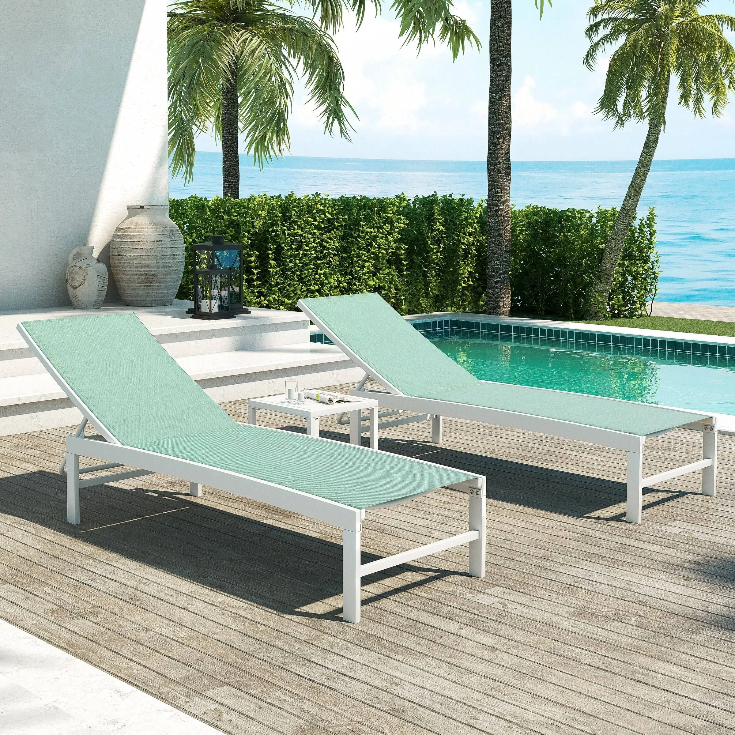 Crestlive Products 3-Piece Adjustable Aluminum Outdoor Chaise Lounge in Green ...