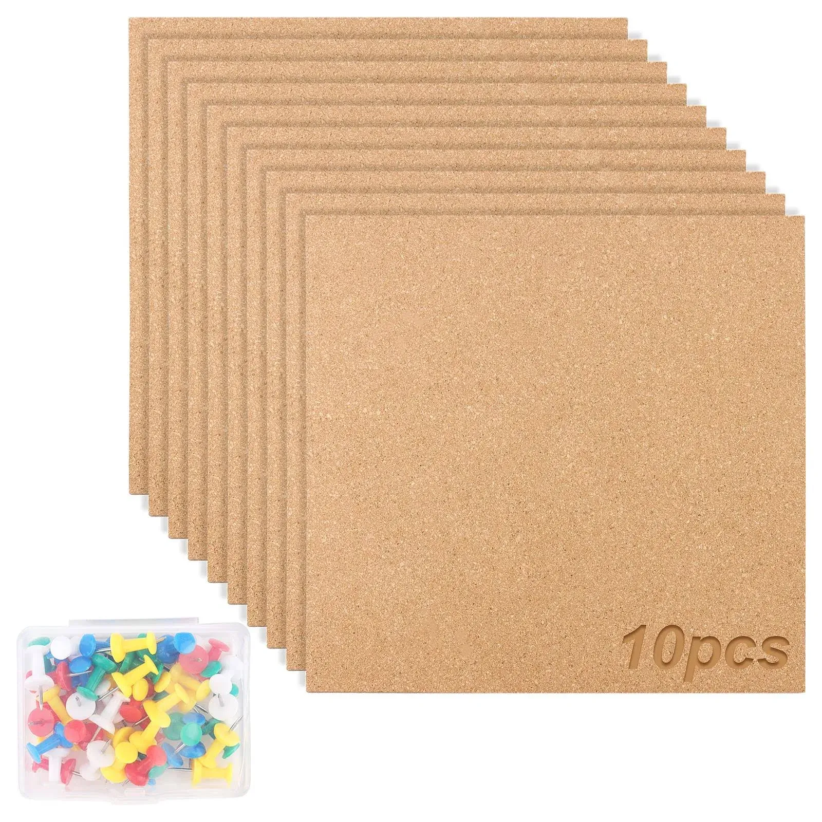 10 Pack Cork Board Bulletin Board, 12 x 12 x 1/4 Inch Square Cork Board Tiles Self-Adhesive Corkboards with Push Pin for Wall, School, Home, Office Decor