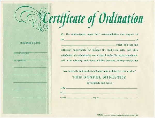 Certificate of Ordination for Minister - Beige Parchment with Green Print (Package Of 6)