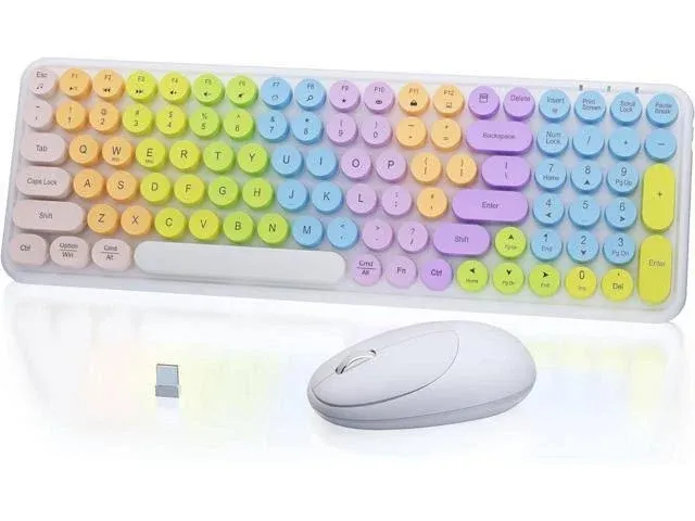 NEOBELLA Rainbow Colorful Keyboard and Mouse Combo, Wireless Gradient Color Retro Round Keycaps Keyboard and Mouse Set with Plug and Play USB Receiver for PC Laptop(Purple-Colorful)