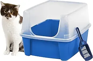 Iris USA Large Cat Litter Box with Scatter Shield and Scoop, Open Top High Sided Cat Litter Pan, Blue