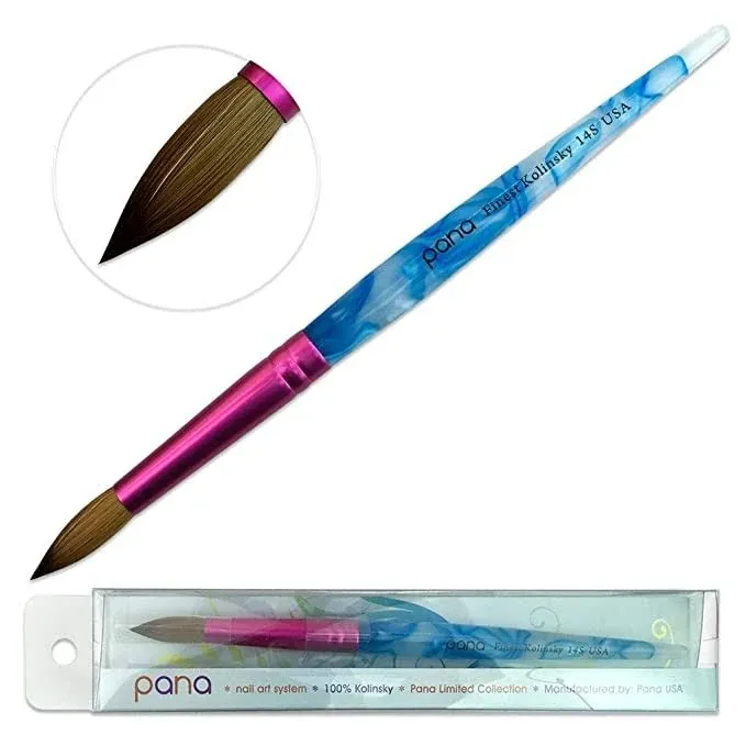 PANA Pure Kolinsky Hair Acrylic Nail Brush - Round Shape Pink Ferrule with White Swirl Blue Handle (Size 14)