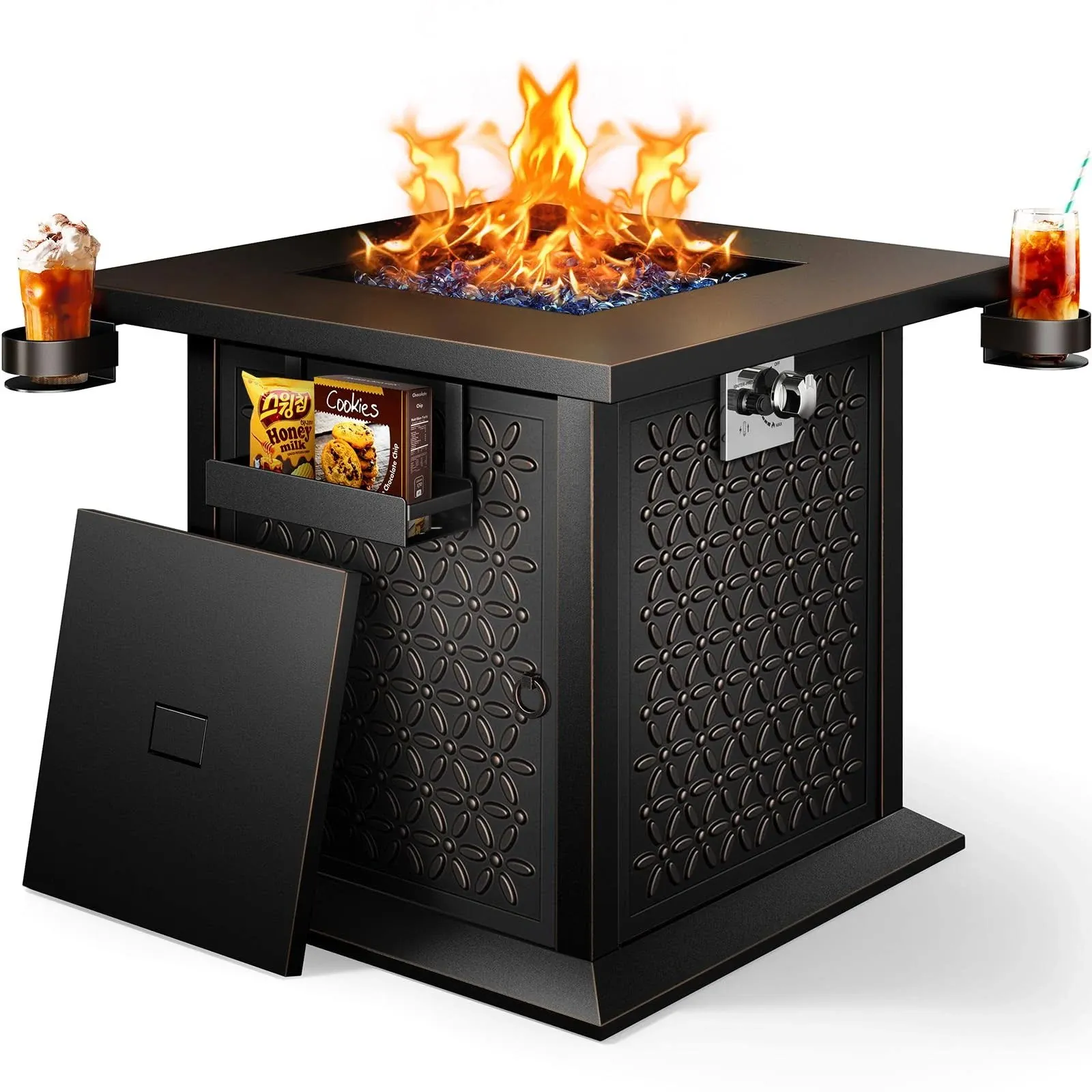 28″ Fire Pit Table, Propane Fire Pit with Cup Holders &amp; Hanging Shelf, 50,000...