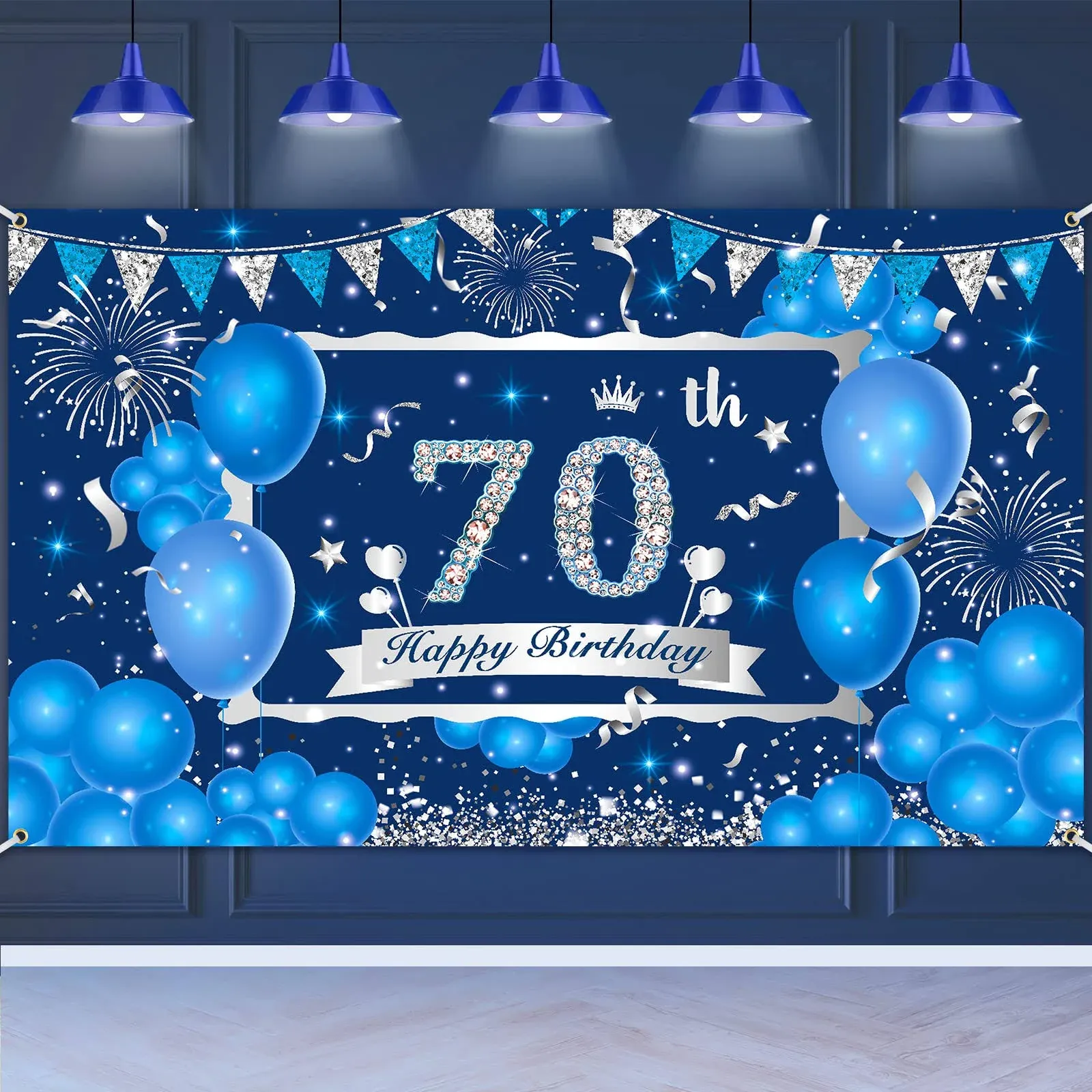 Blue 70th Birthday Decorations Banner for Men Women Navy Blue Silver Happy 70...