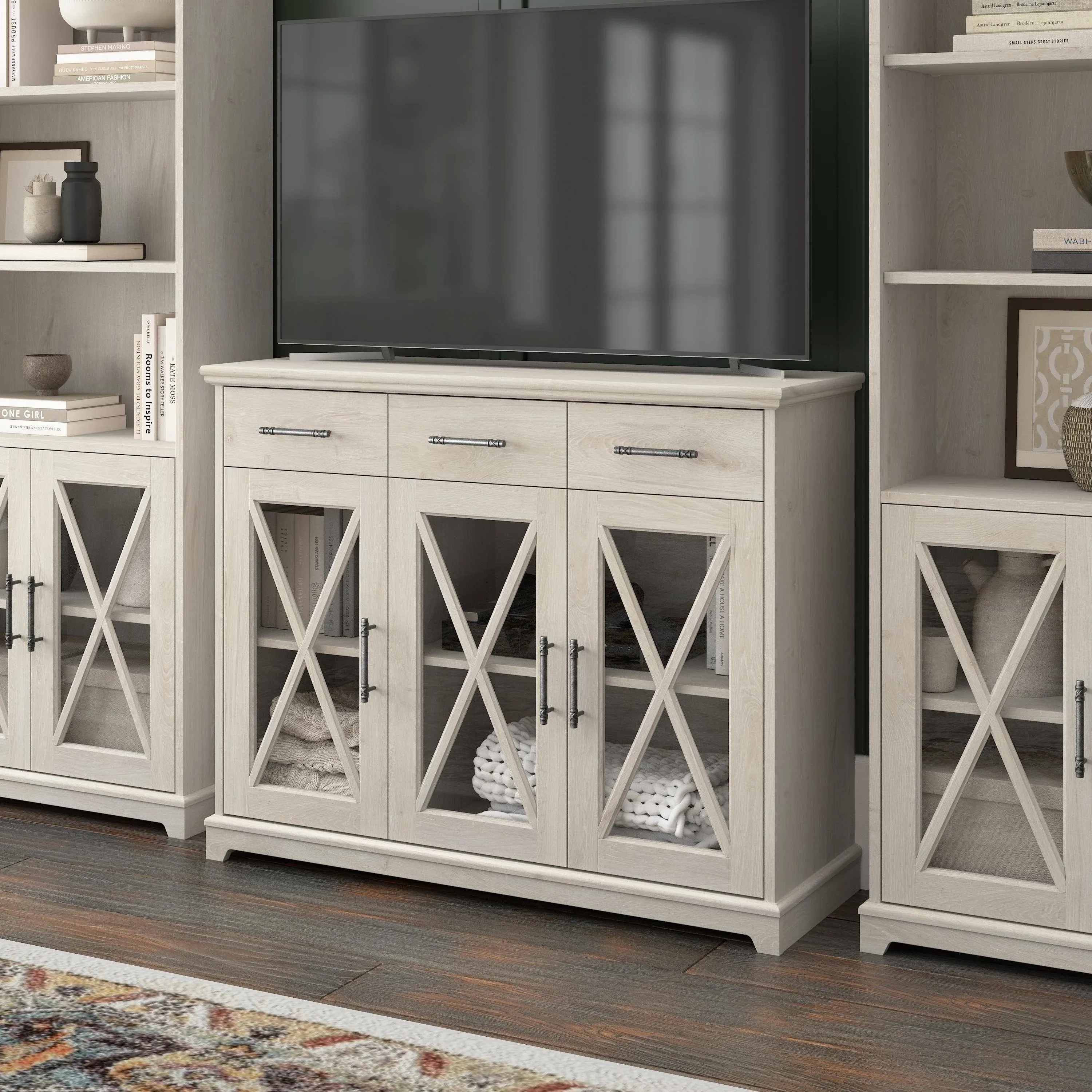 Bush Furniture Lennox 46W Farmhouse TV Stand for 65 inch TV in Linen White Oak