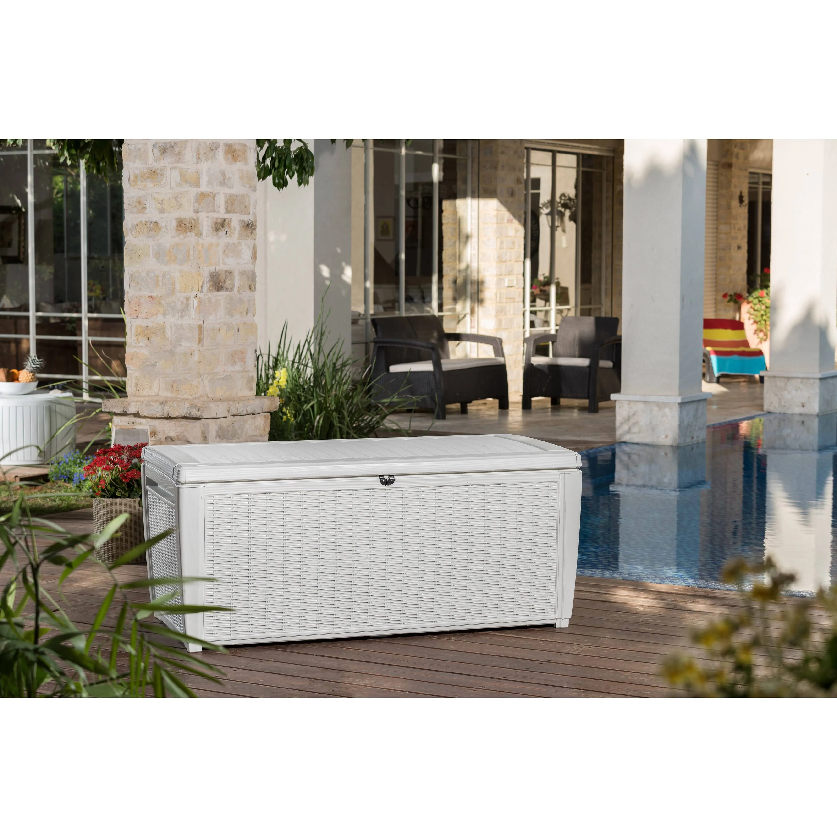 135 Gallon Outdoor Patio Storage Deck Box Garden Bench Weatherproof Resin White