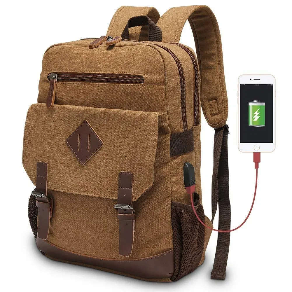 Vintage Backpack Men Canvas Laptop 15.6&#034; Rucksack Backpack Without USB Charging