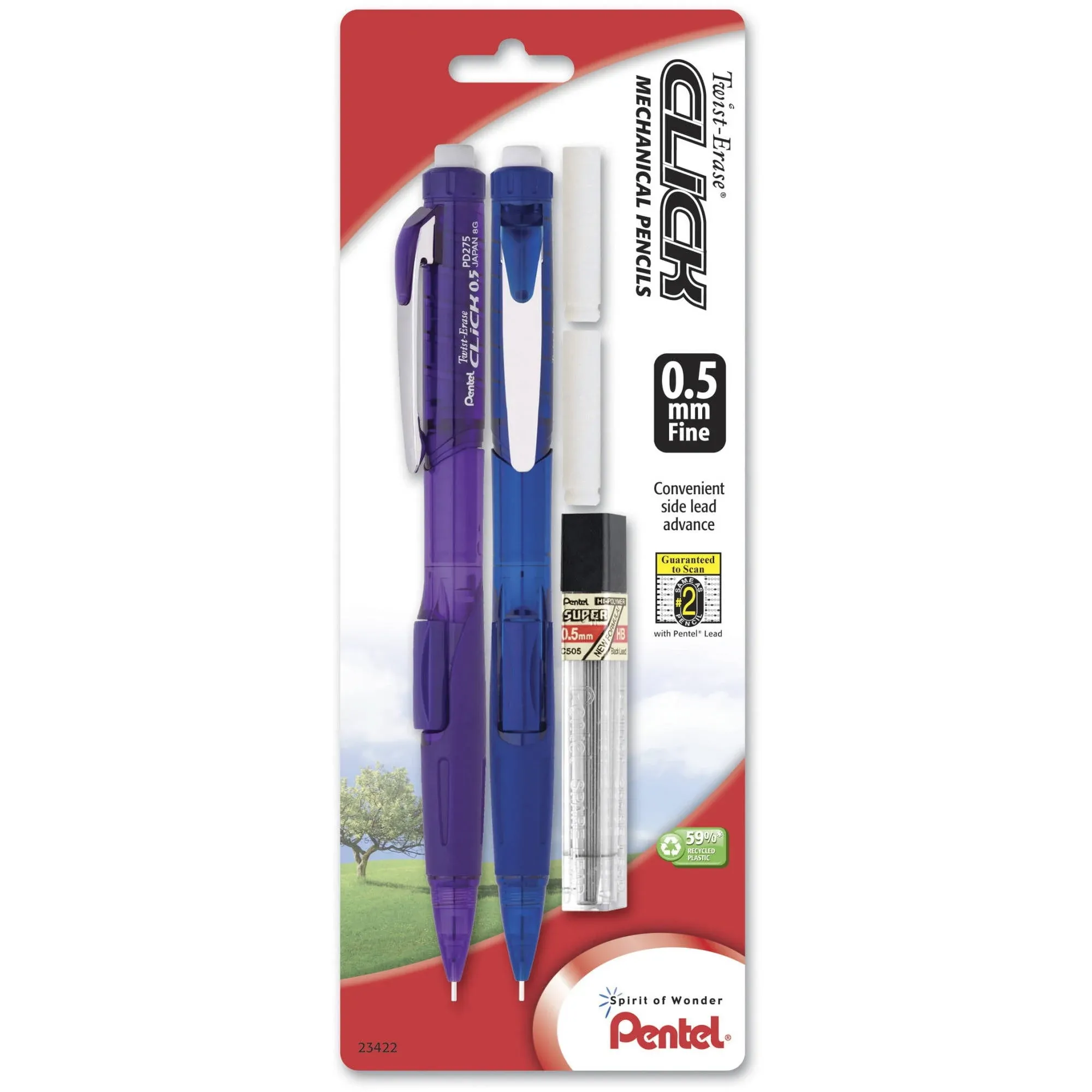 Pentel® Twist-Erase® CLICK Mechanical Pencils, Fine Point, 0.5mm, HB Hardness, Assorted Barrels, Pack Of 2