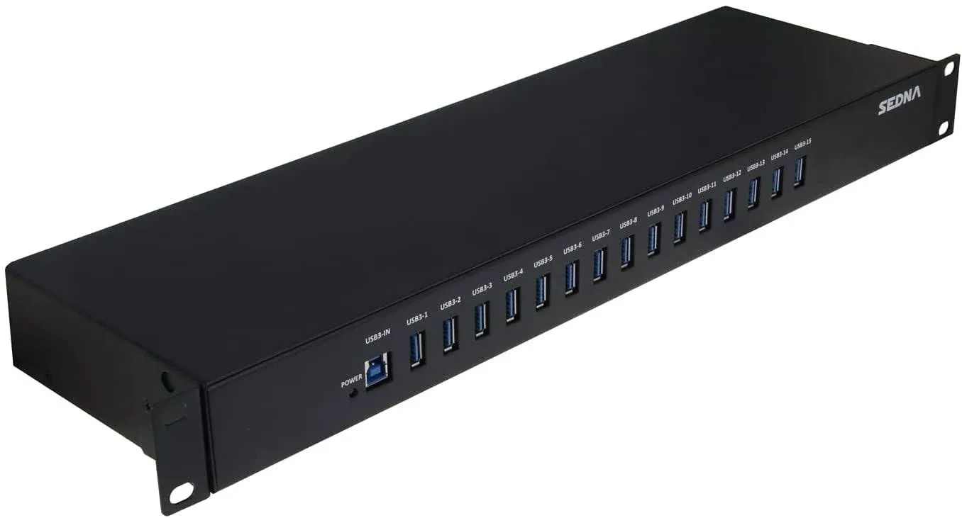 SEDNA - 15 Port USB 3.1 Gen I Hub ( 5Gbps ) - 19 Inch 1U Rack Mount ( 5V10A AC/DC Adapter ), Black