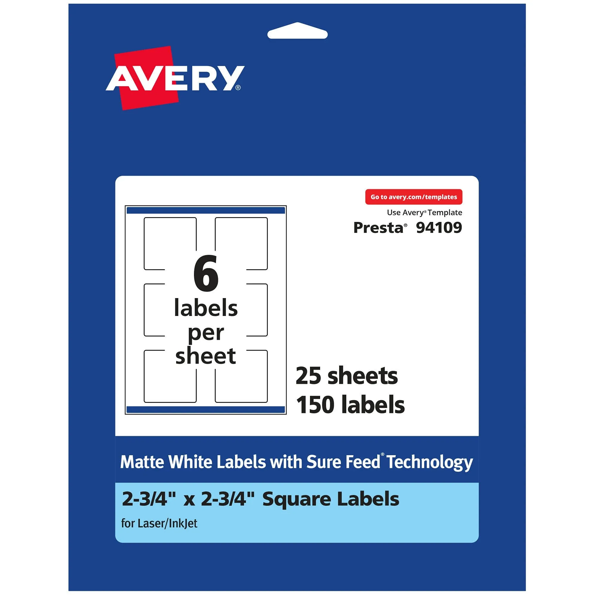 Avery Matte White Square Labels with Sure Feed, 2.75" x 2.75", 150 Matte White Printable Labels