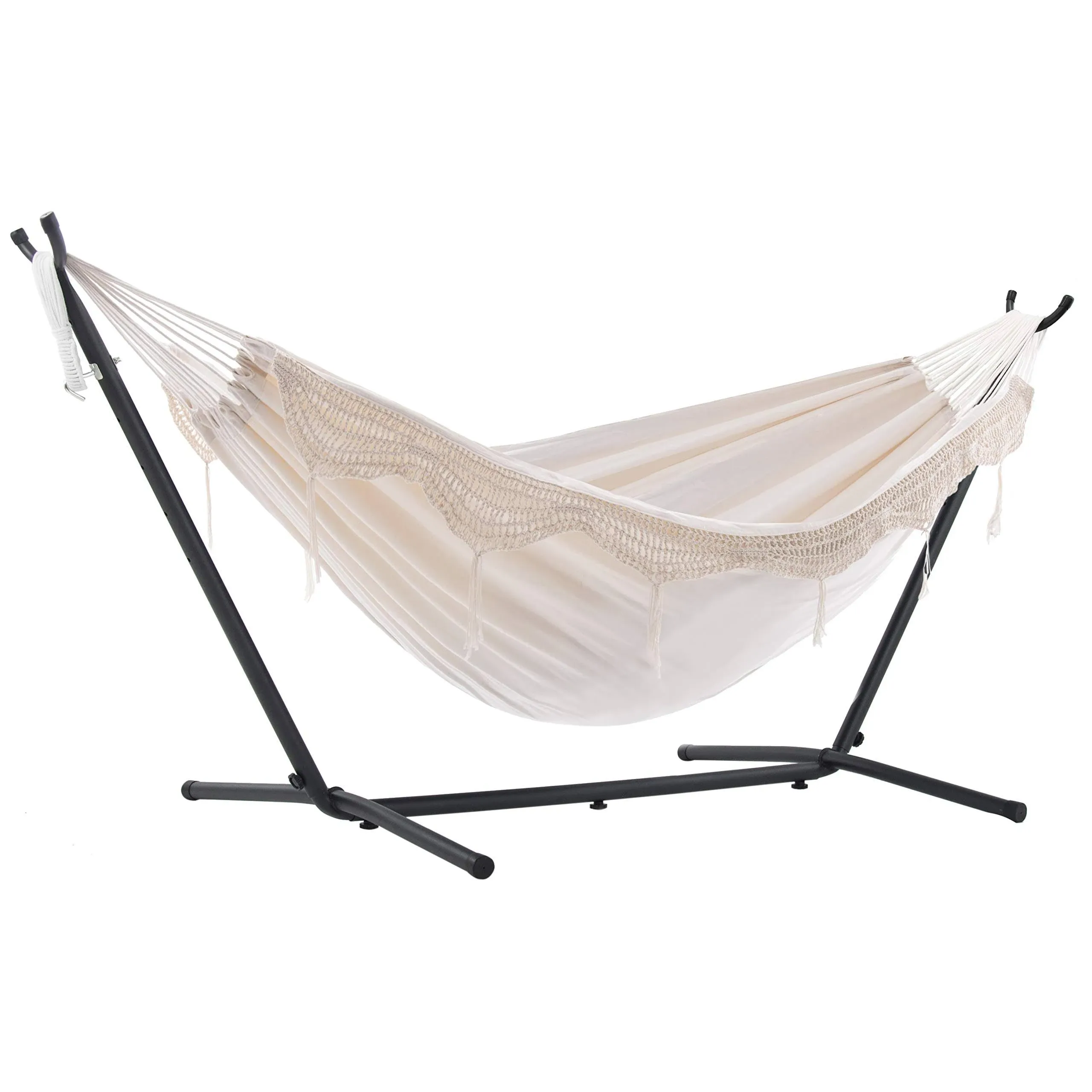 Vivere 9-ft Double Hammock w/ Collapsible Stand Adjustable Cotton Natural White