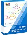 QYH Printable Vinyl Sticker Paper for Inkjet Printer Glossy 120 Sheets Adhseive White Labels 8.5"x11" Decal Paper