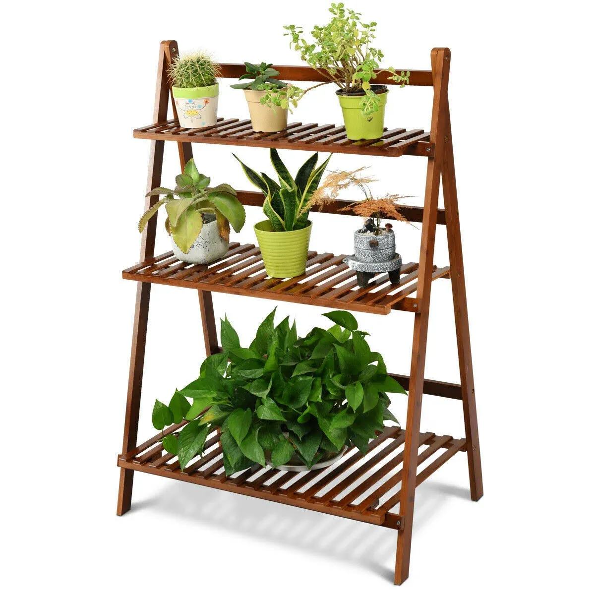 COSTWAY Bamboo Plant Stand, Foldable Multifunctional Flower Display Ladder Shelf, 3-Tier Storage Rack