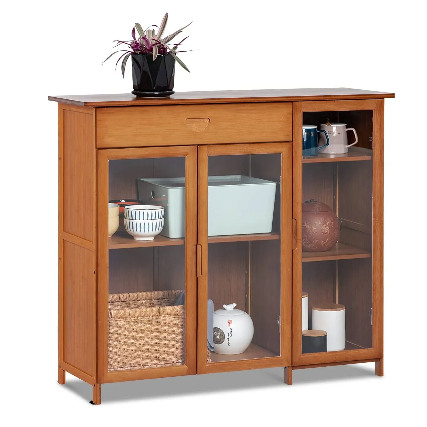 Monibloom Bamboo 4 Tier Sideboard Cupboard Kitchen Storage Cabinet with Acrylic ...