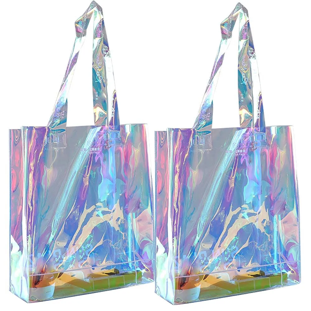 umbresen Clear Tote Bag, 2-Pack Holographic Rainbow Iridescent Handbag for Sports Fan Games, Work, Security Travel, Stadium Venues or Concert