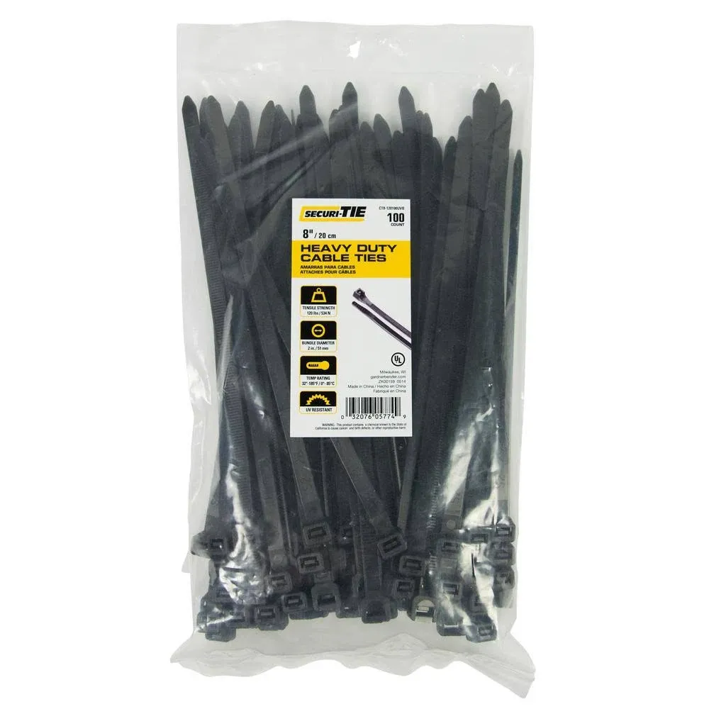 Gardner Bender CT8-120100UVB Heavy Duty Cable Tie, UV Black, 8", 100-Pack