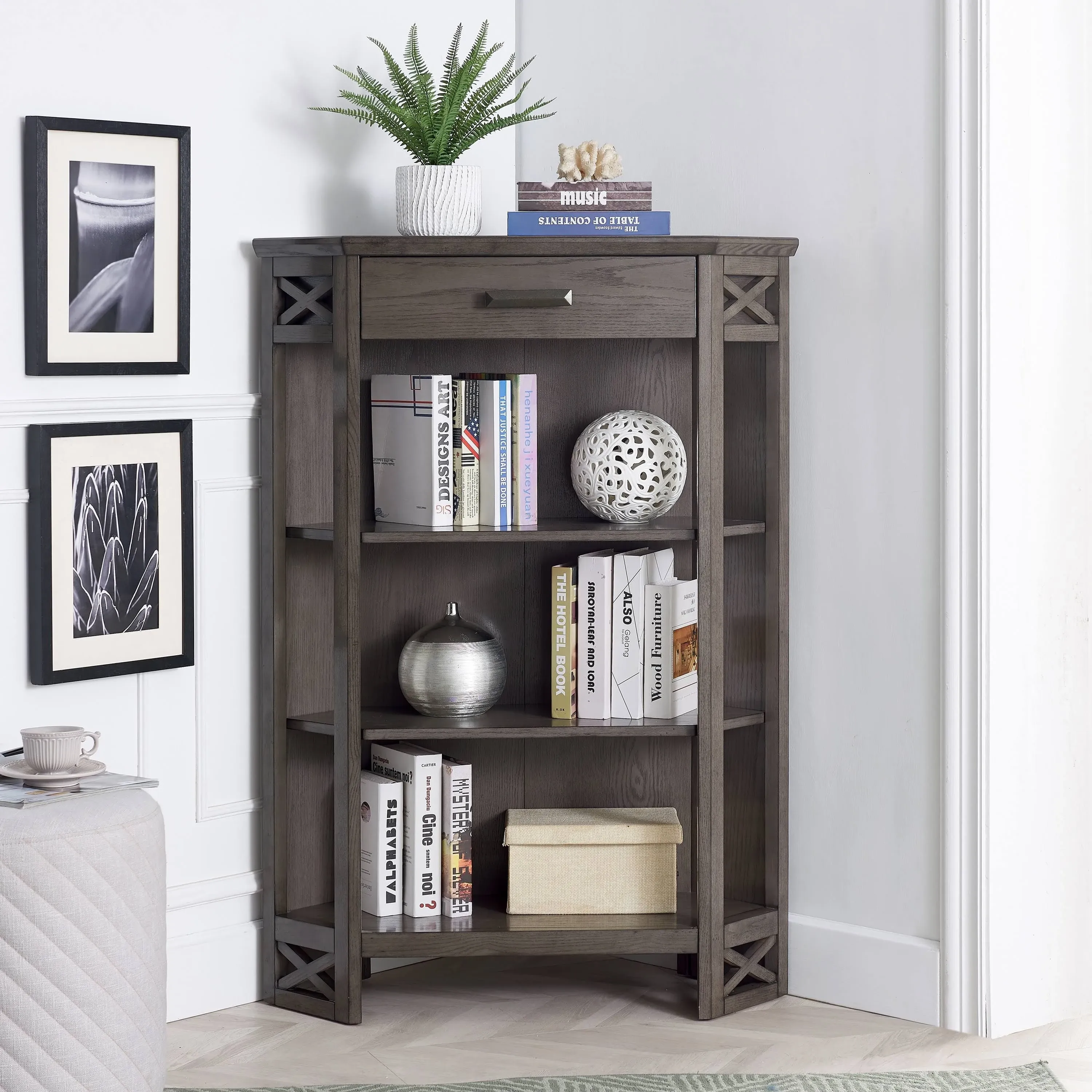 Leick Home 84263 Mantel Height 3-Shelf Corner Bookcase with Drawer Storage, Gray Oak