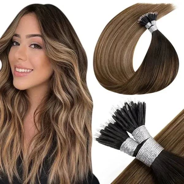 LaaVoo Ombre Nano Hair Extensions Human Hair 20 inch Darkest Brown to Medium ...